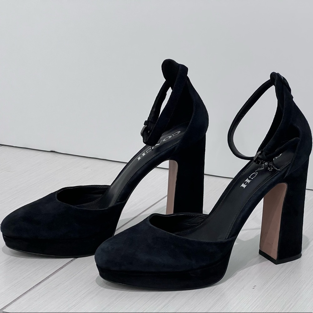 Coach Chrystie black suede platform heels